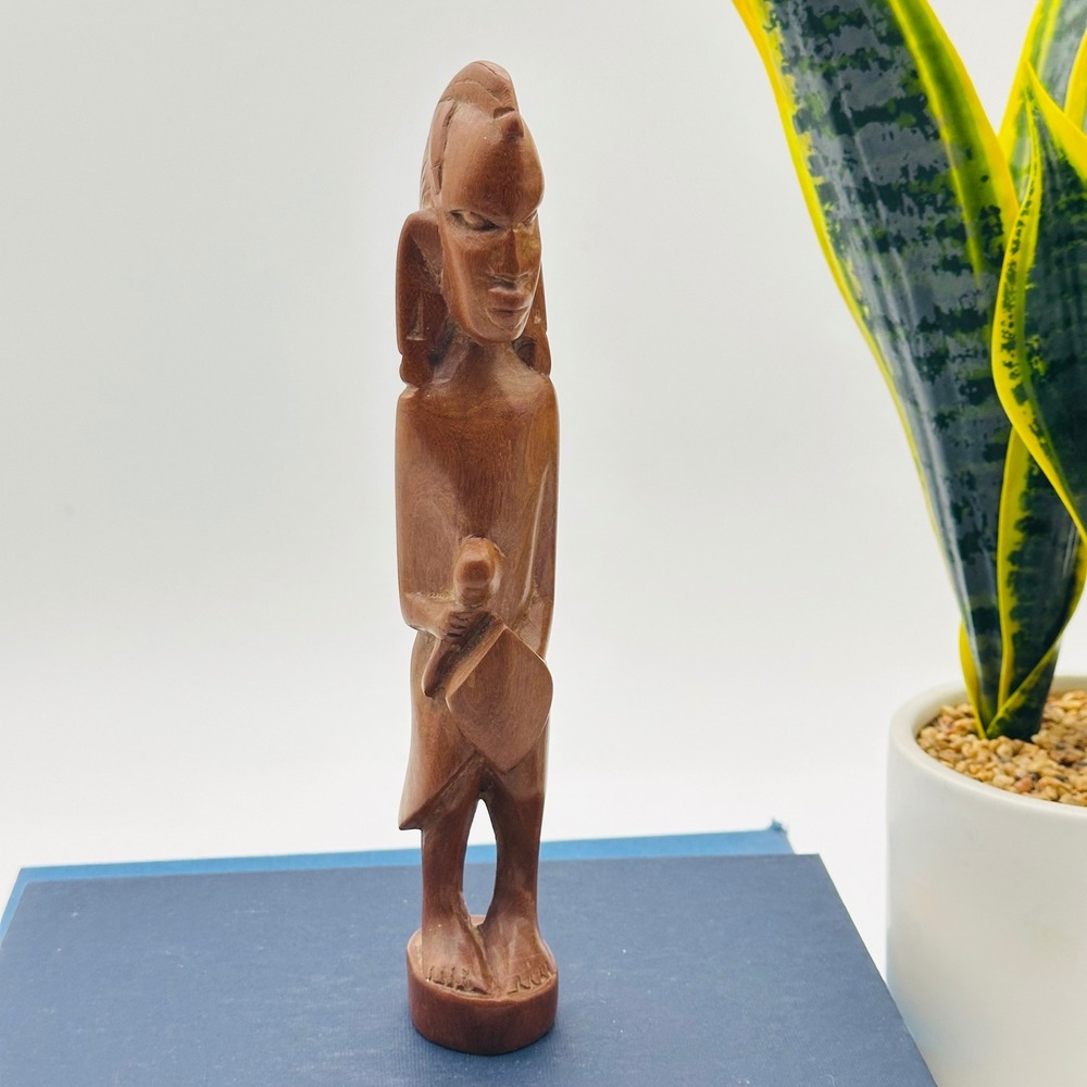 Vintage Hand Carved Wooden African Tribal Warrior Figurine Statue 9" Boho Global - Picture 2 of 6